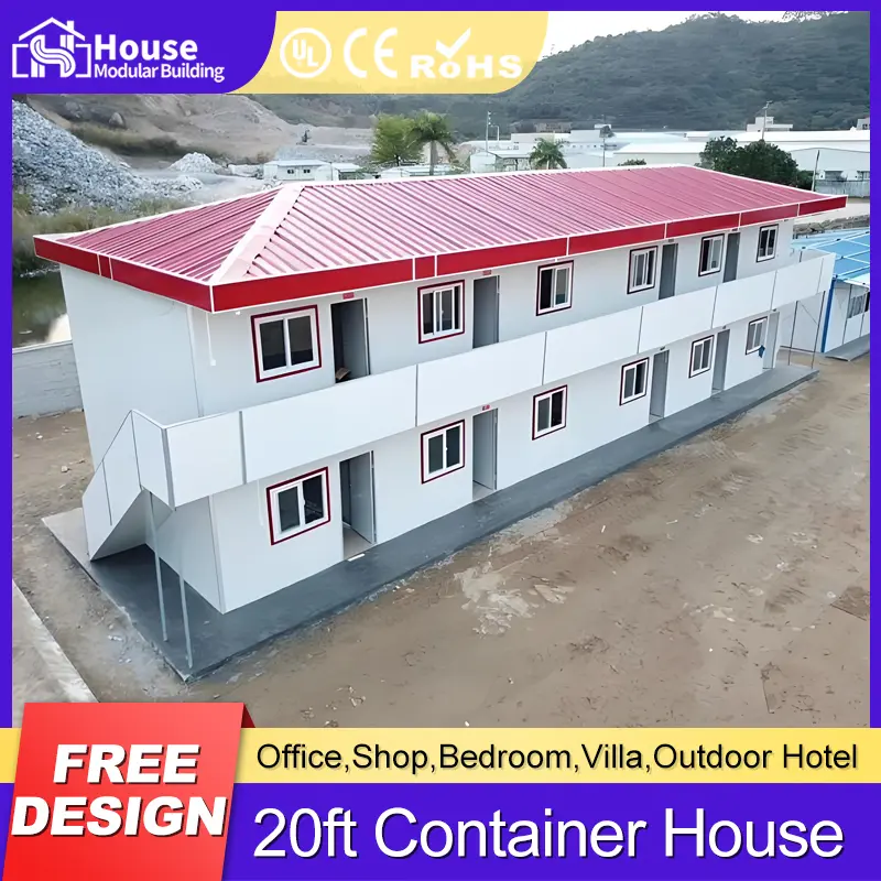 OEM A two-story, T-shaped container house with a red exterior and a hipped roof Supplier, Companies