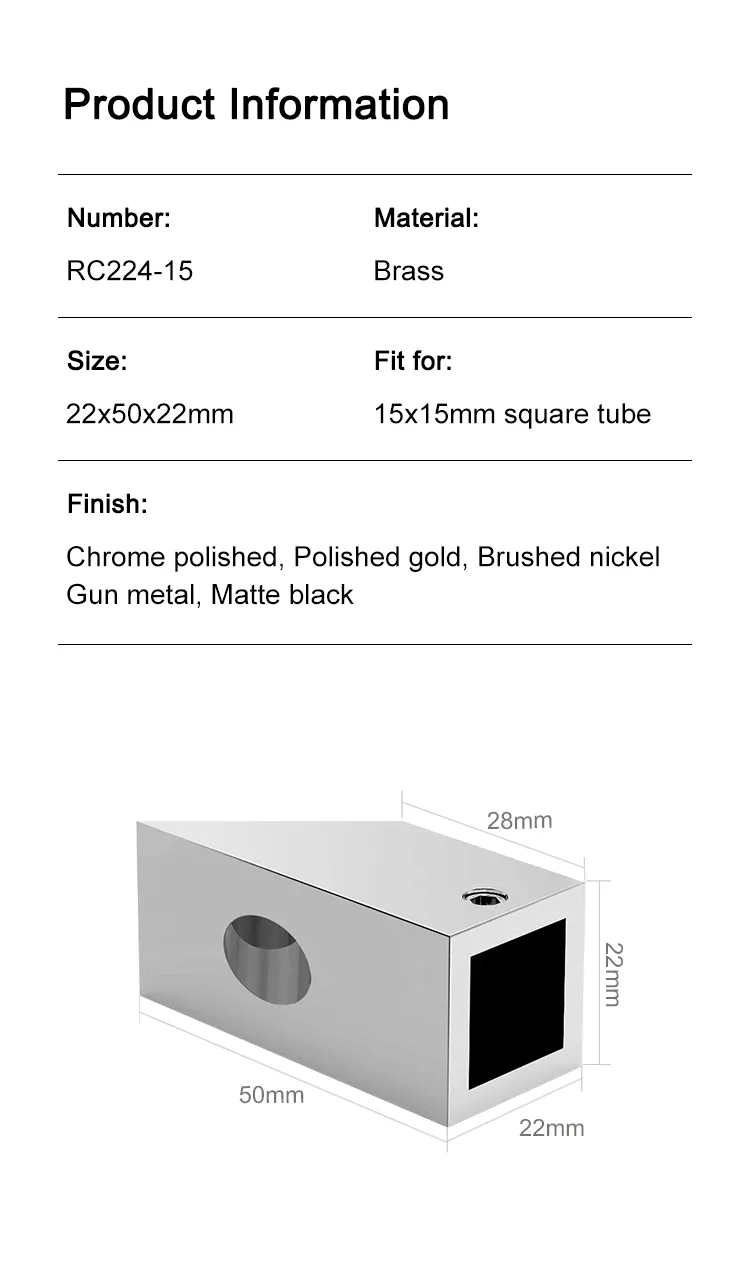 15X15mm Brass Square Tube Connector Frameless Glass Door Support Bar