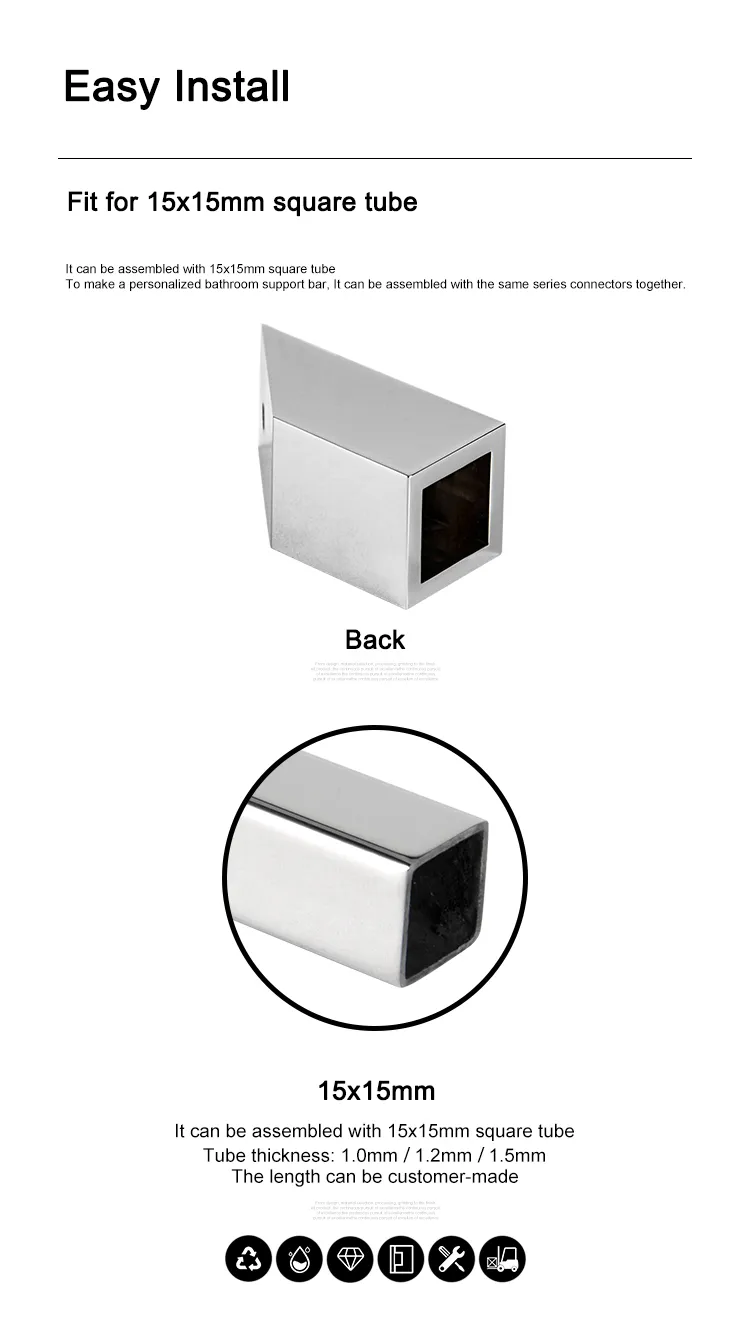 15X15mm Brass Square Tube Connector Frameless Glass Door Support Bar