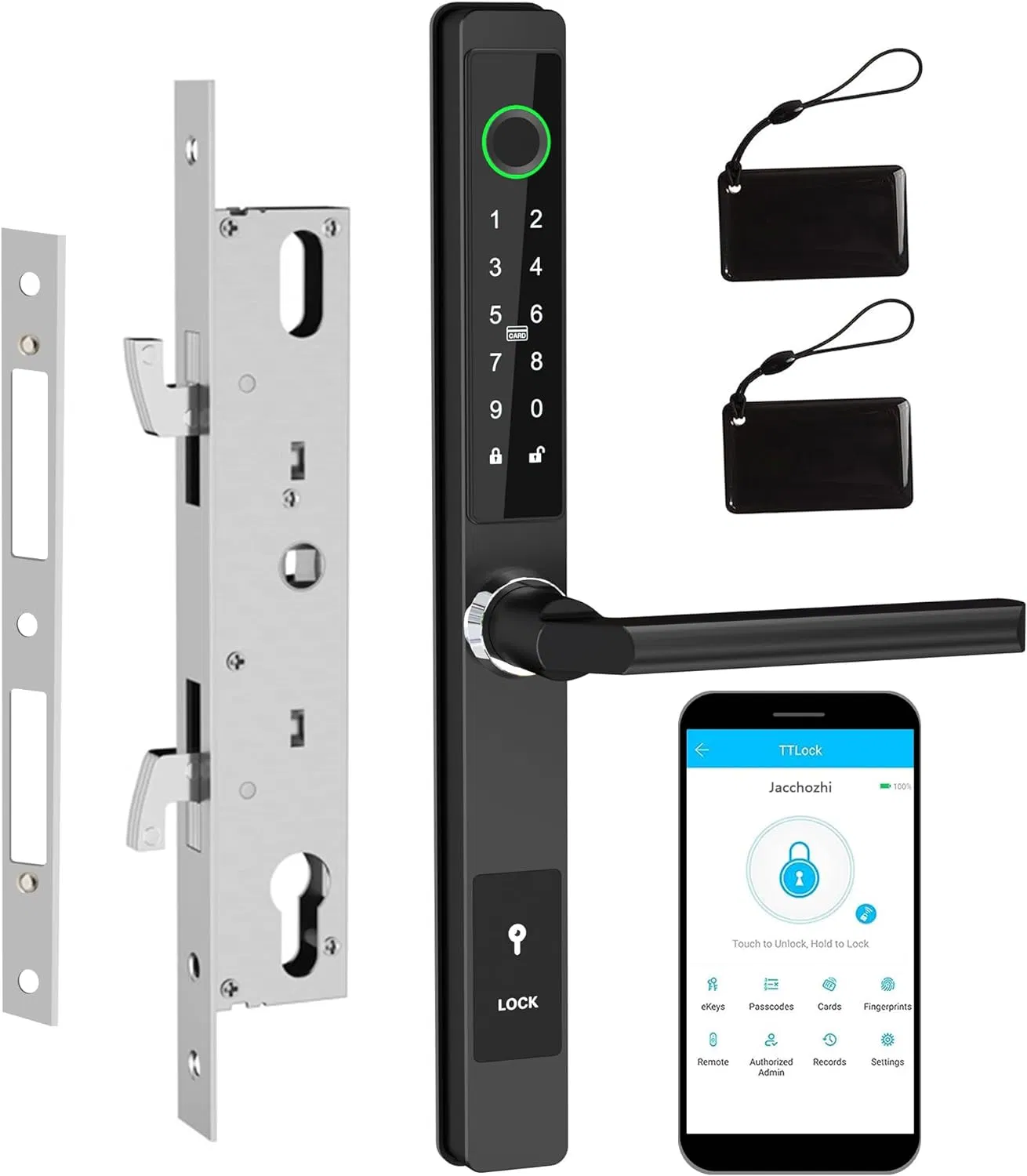 Home Security Slim Fingerprint Pin Code IC Cards Smart Lock for Sliding Glass Door, Waterproof with Hook, WiFi Tuya Ttlock APP Control Digital Keypad and Handle