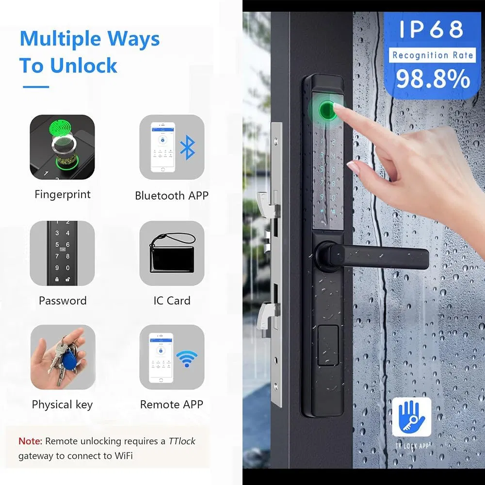 Home Security Slim Fingerprint Pin Code IC Cards Smart Lock for Sliding Glass Door, Waterproof with Hook, WiFi Tuya Ttlock APP Control Digital Keypad and Handle
