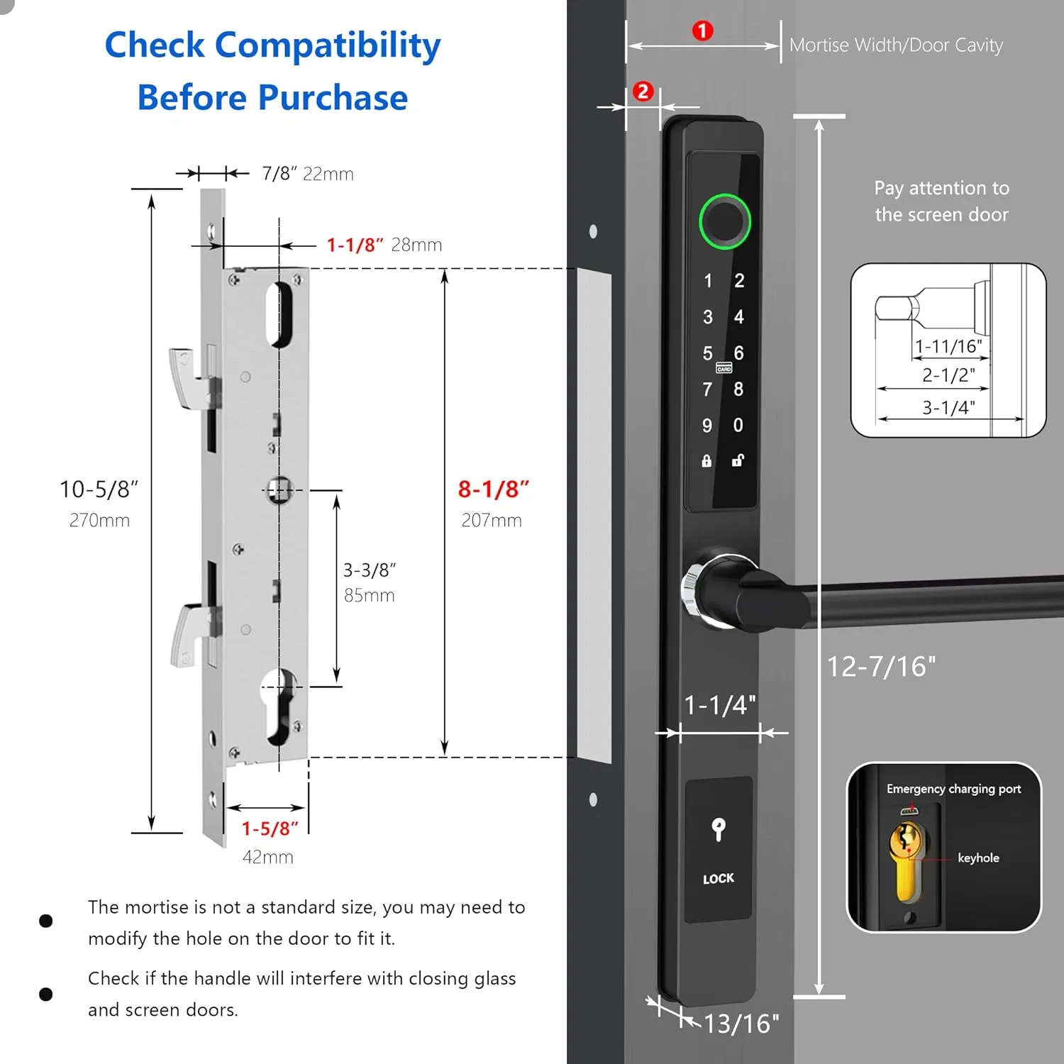 Home Security Slim Fingerprint Pin Code IC Cards Smart Lock for Sliding Glass Door, Waterproof with Hook, WiFi Tuya Ttlock APP Control Digital Keypad and Handle