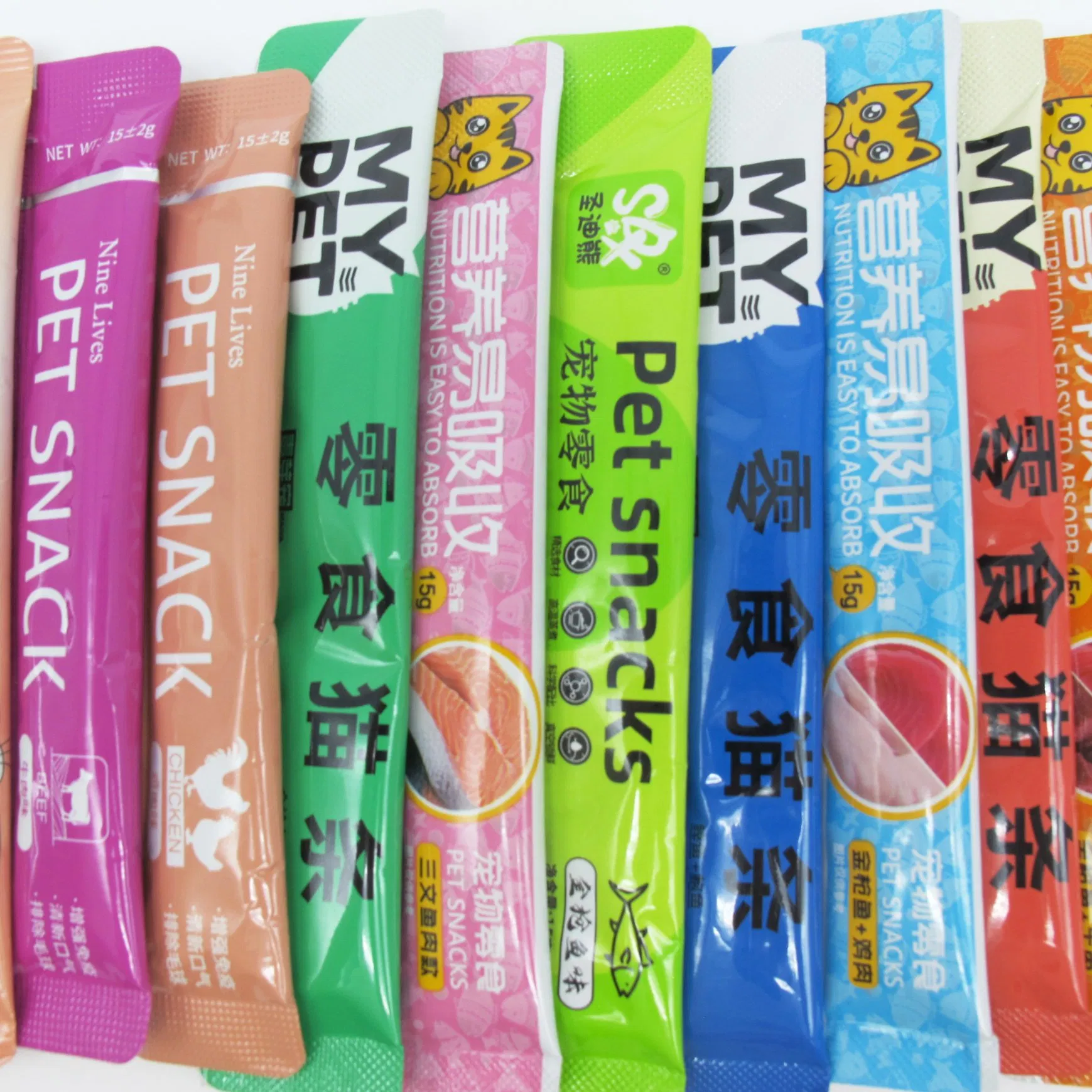 Factory OEM Wet Pet Supply Chicken/ Beef/ Tuna/ Salmon OEM Tastes Pet Products Sanck Treat Animal Food for Kittens Cat Strips Kittens Fluid Stick