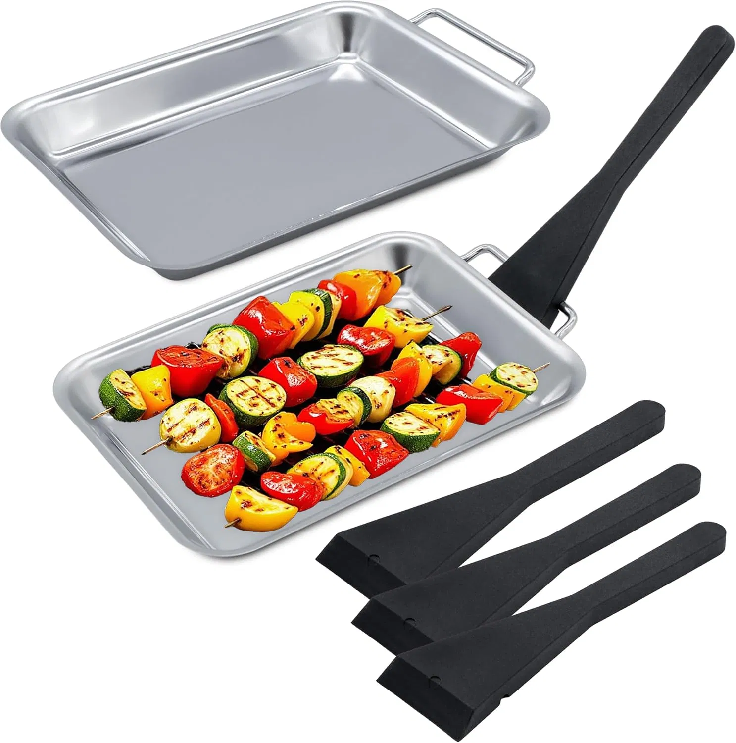 Food-Safe Grillware Stainless Steel Serving Grill Pan Barbecue Toppers with Spatula Handle for Cheese Vegetables Fish