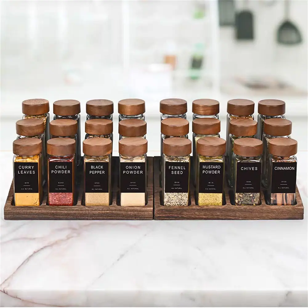 High-Quality Square Glass Seasoning Bottle, Solid Wood Lid, Glass Bottle, Iron Lid, Glass Bottle, Sprinkling Jar Factories, Factory