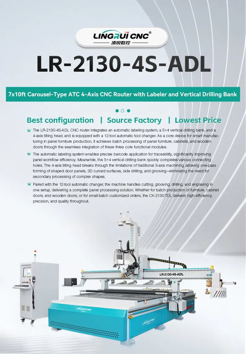 تشكيل بتمريرة واحدة 4-Axis آلة توجيه CNC عمودية للحفر مناسبة للألواح الأبواب المنحوتة