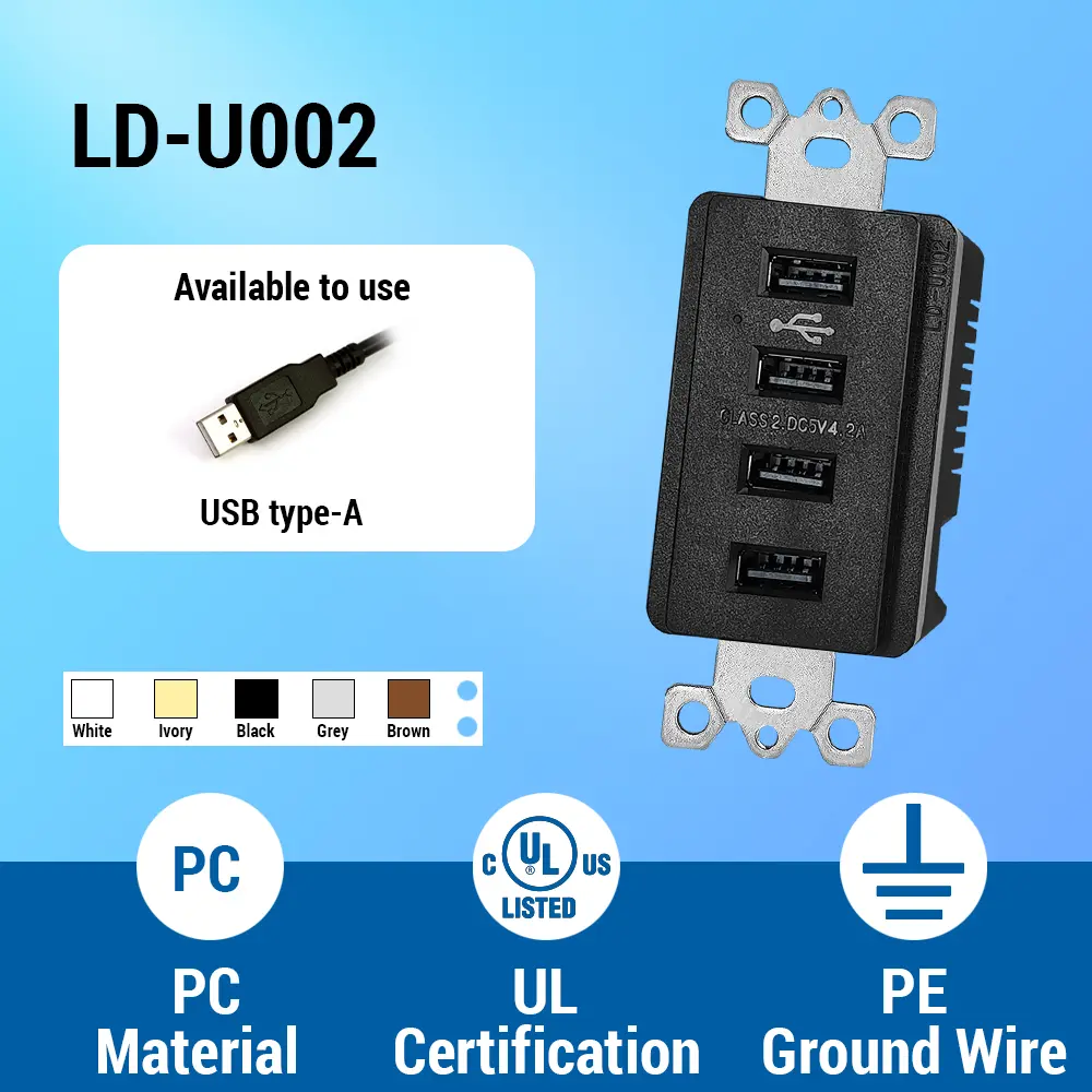 Wholesale 4.2 Amp Type A 4-Port USB Charger Outlet Receptacle with TR, Black Suppliers, Factory