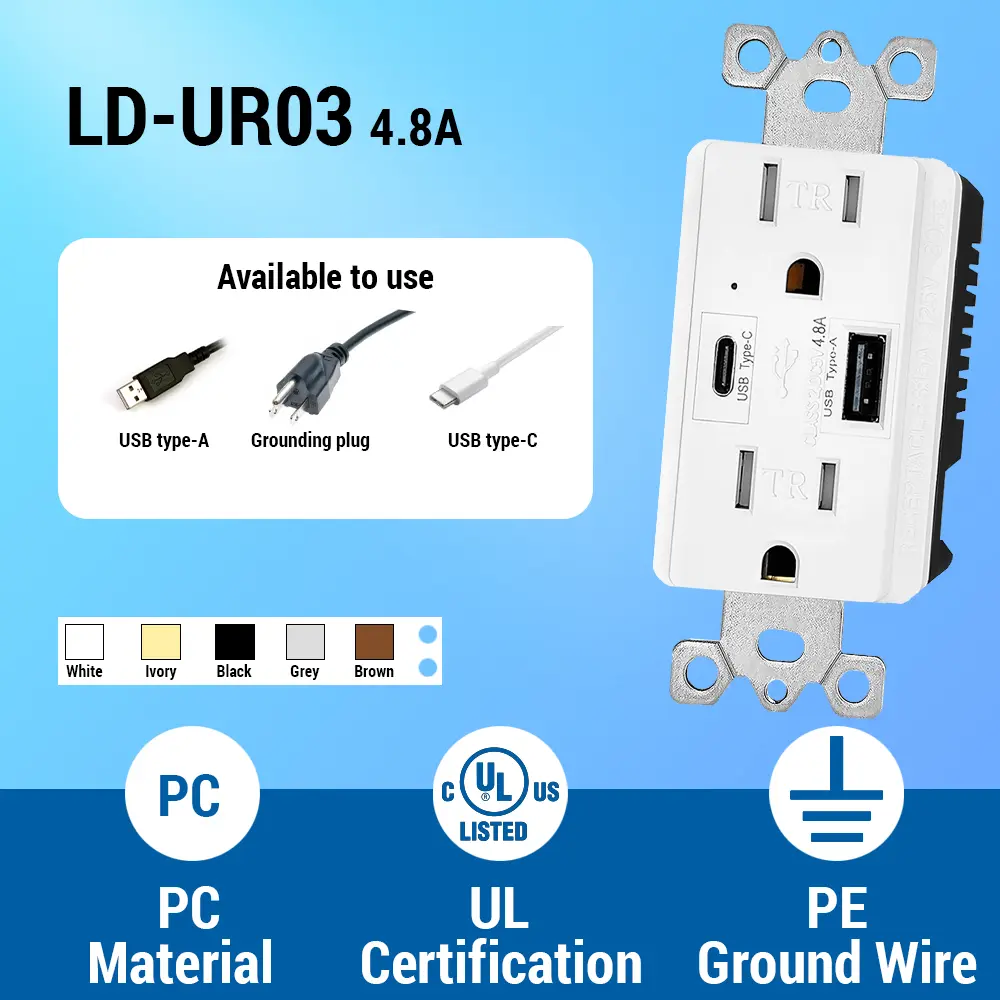 OEM 4.8 Amp USB Charger Outlet with Type A and Type C Ports, 15A/125V Duplex Tamper-Resistant Outlet Manufacturers, Factory