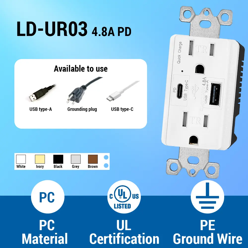 OEM 4.8 Amp Type A and Type C Port USB Wall Outlet with Quick Charge USB Port C PD Manufacturer, Factories