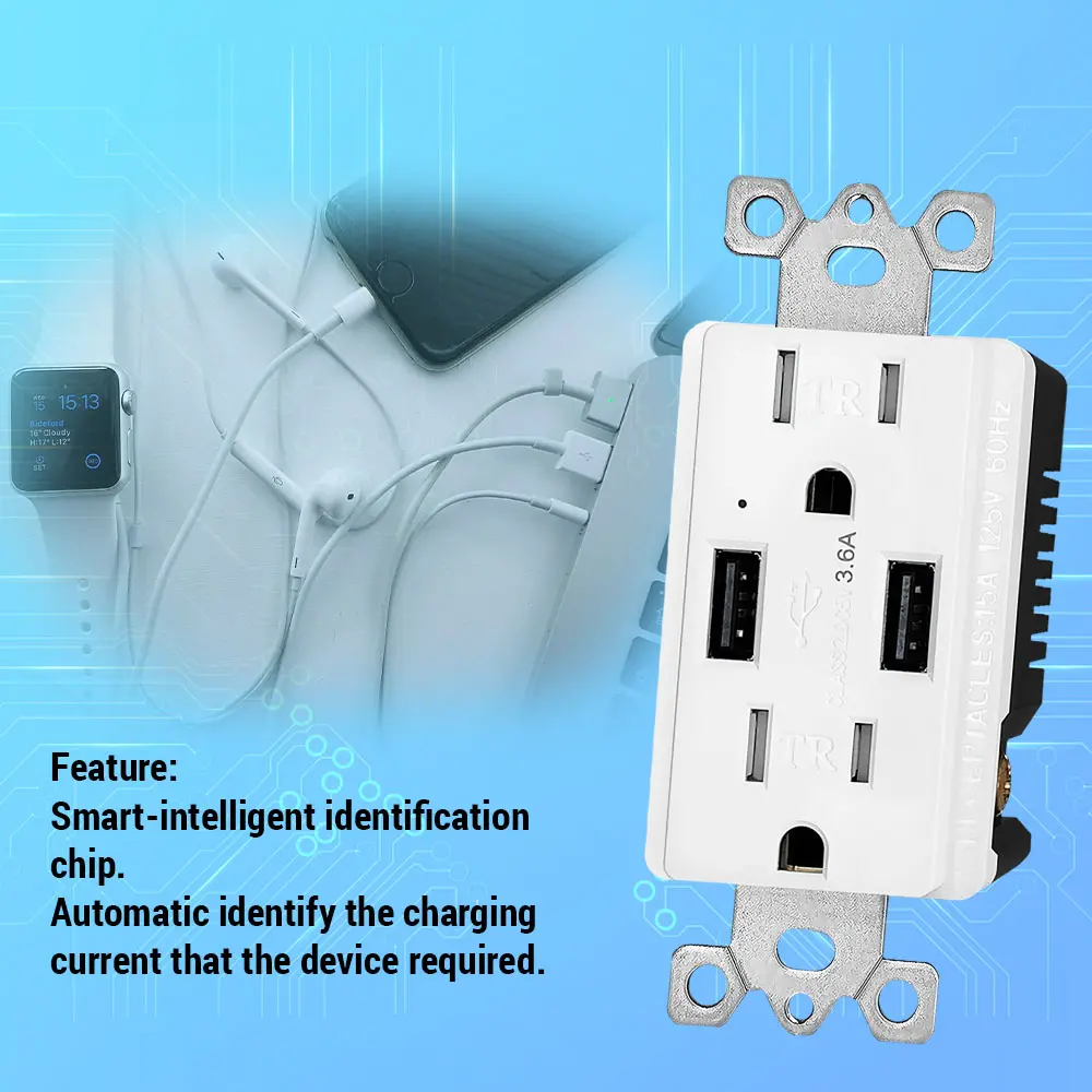 OEM 3.6 Amp Type A Dual Port USB Charger Outlet , 15A TR USB Receptacle Manufacturer, Supplier