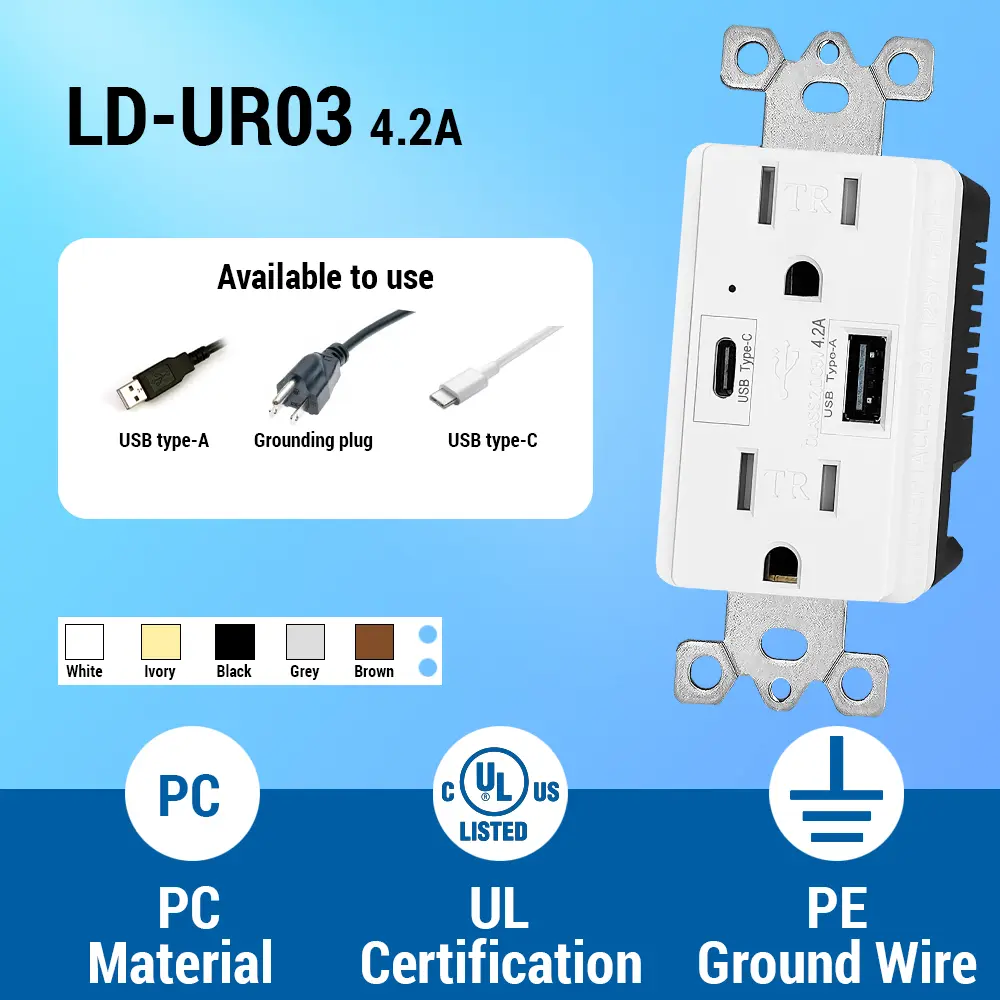 Wholesale 4.2 Amp USB Wall Charger with Type A and Type C Ports, 15A/125V Tamper-Resistant USB Outlet White Manufacturer, Supplier