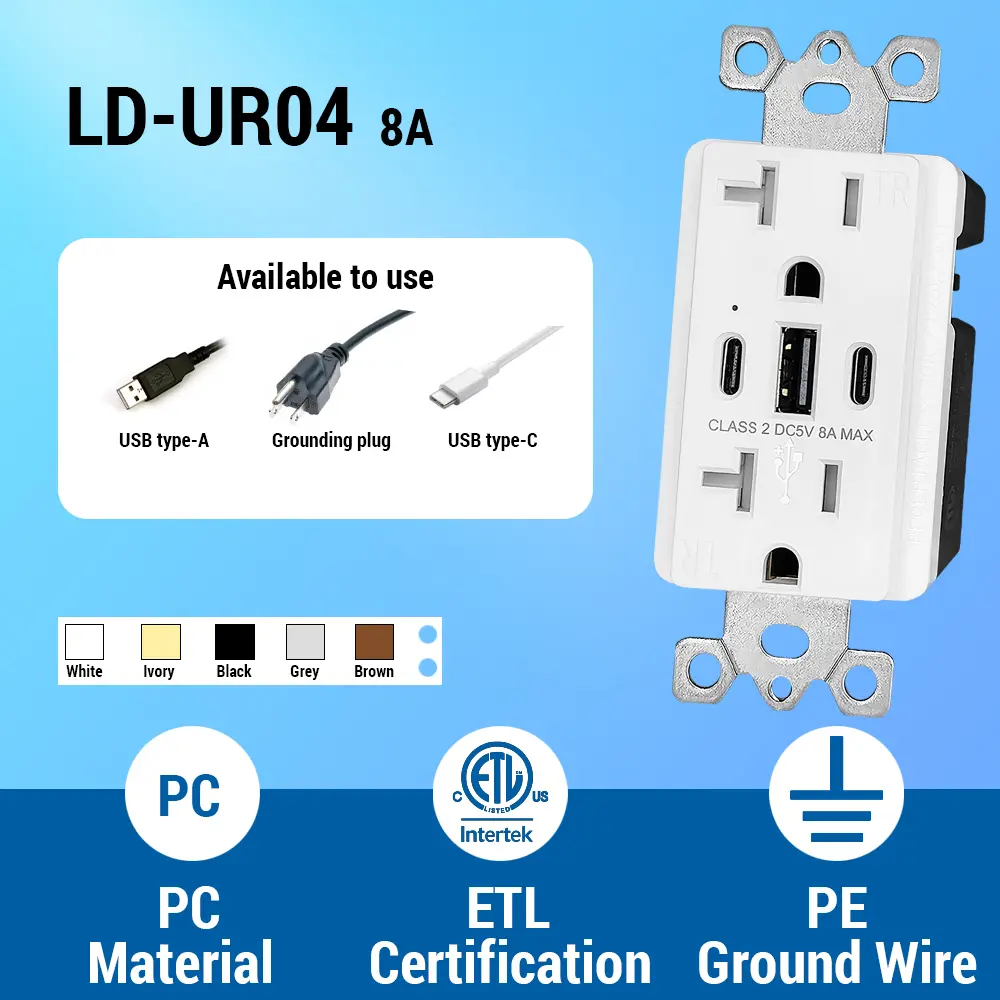 OEM 20 Amp USB Wall Outlet with 1 Type A and 2 Type C ports, 8 Amp 3-Port USB outlet Manufacturer, Manufacturers