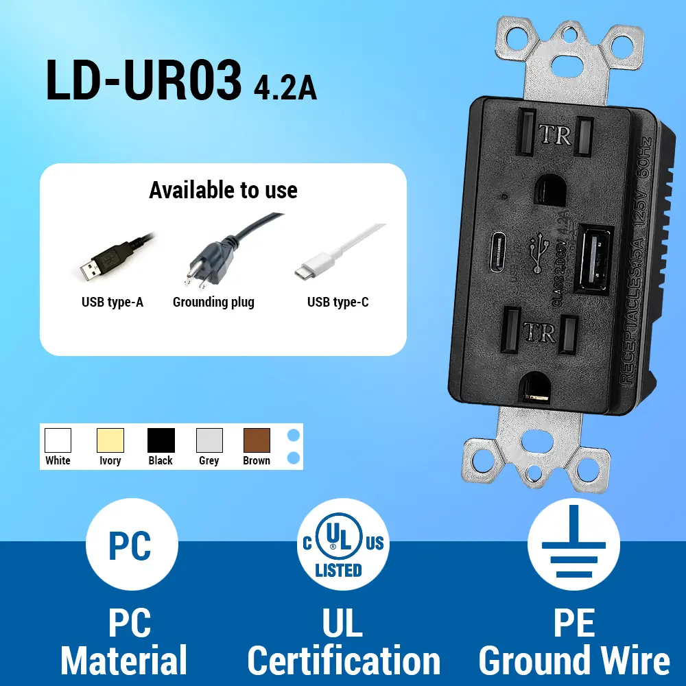 OEM 4.2 Amp USB Wall Charger with Type A and Type C Ports, 15A/125V Tamper-Resistant USB Outlet Black Manufacturers, Factory