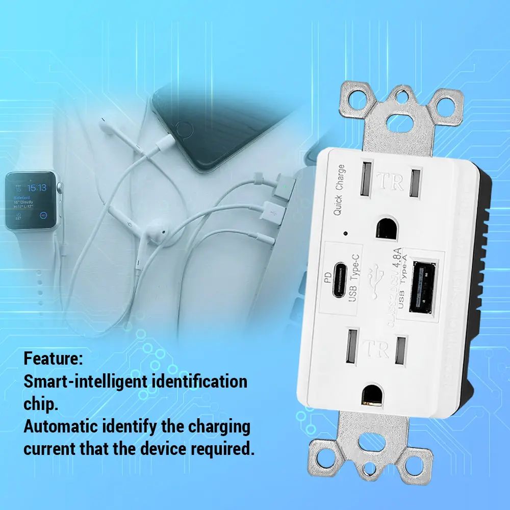 OEM 4.8 Amp Type A and Type C Port USB Wall Outlet with Quick Charge USB Port C PD Manufacturer, Factories