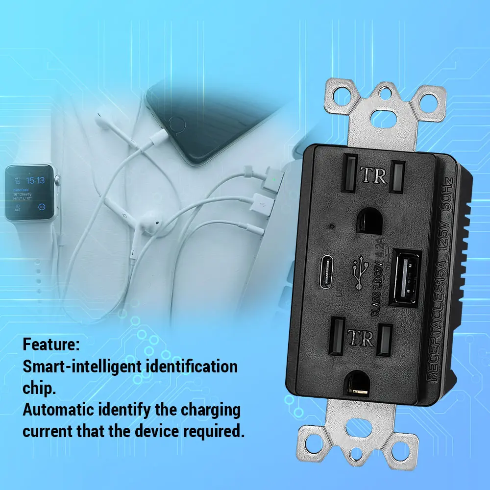 OEM 4.2 Amp USB Wall Charger with Type A and Type C Ports, 15A/125V Tamper-Resistant USB Outlet Black Manufacturers, Factory