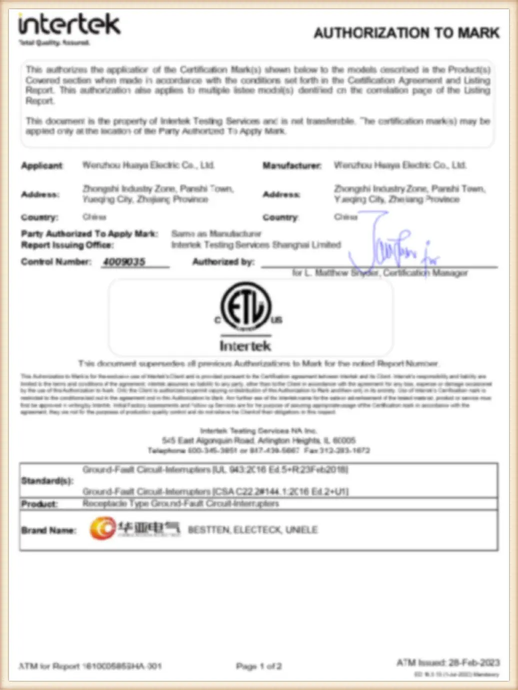 Huaya Electric UL certification document for American standard electrical products