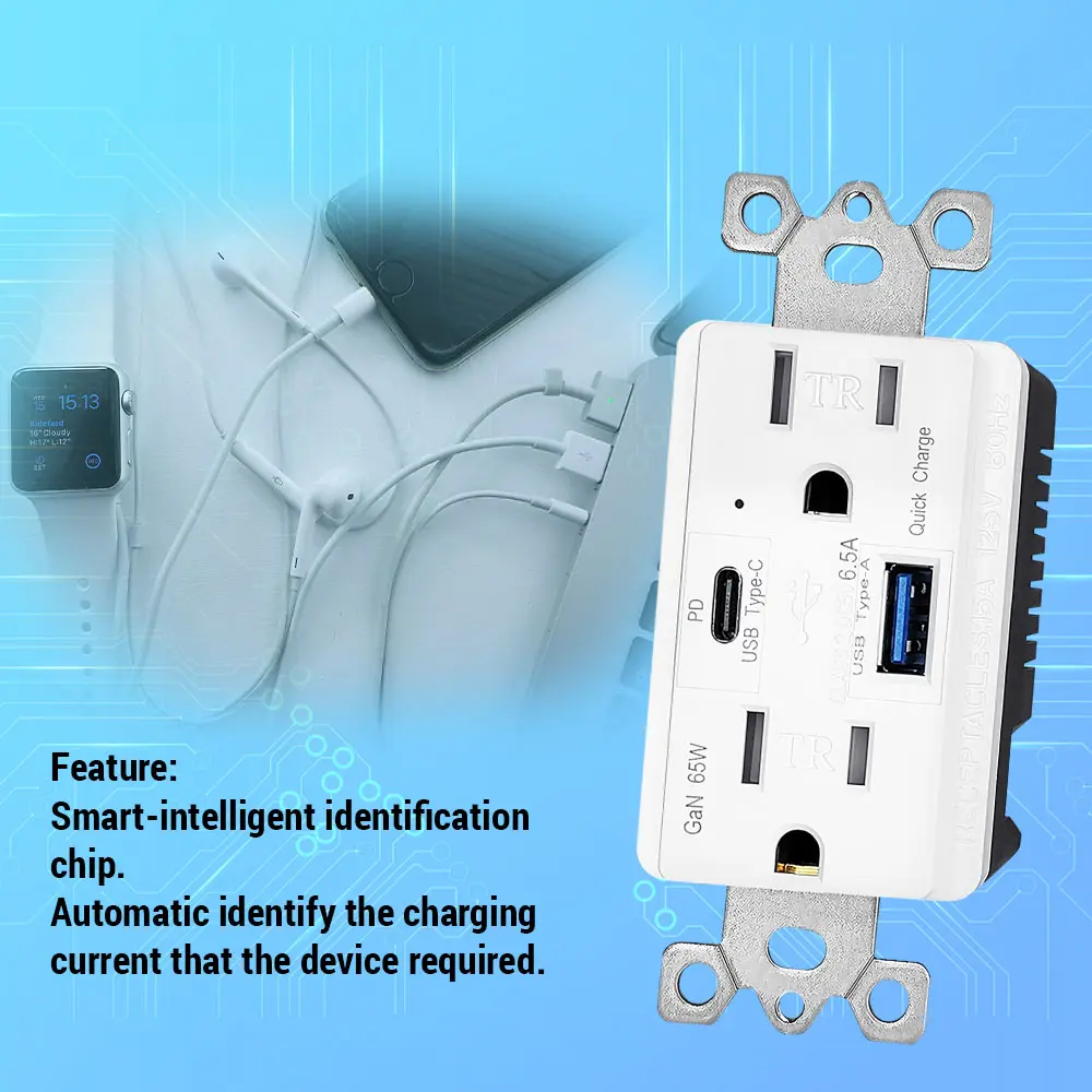 OEM 6.5 Amp GaN 65W USB PD Charger with Quick Charge for Dual Port Type A and Type C Supplier, Suppliers