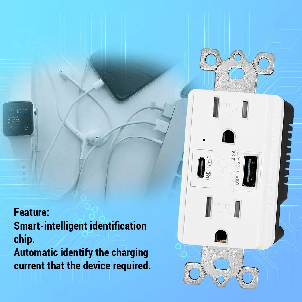 Wholesale 4.2 Amp USB Wall Charger with Type A and Type C Ports, 15A/125V Tamper-Resistant USB Outlet White Manufacturer, Supplier