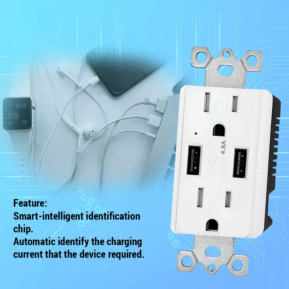 OEM 4.8 Amp Dual Port Type A USB Charger, 15A/125V Tamper Resistant USB Outlet Manufacturers, Factories