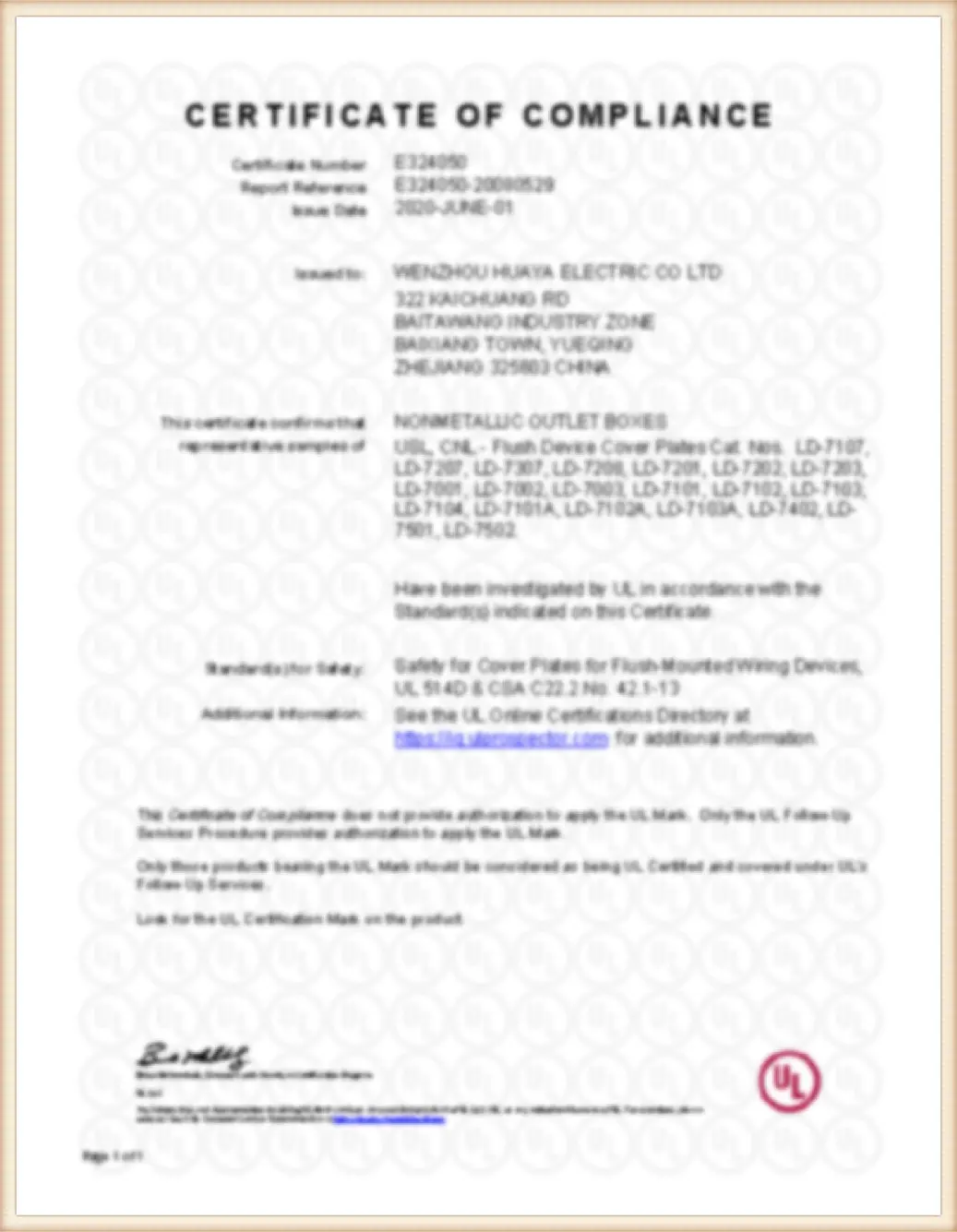 Huaya Electric additional compliance and safety certification document