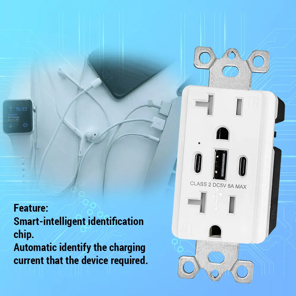 OEM 20 Amp USB Wall Outlet with 1 Type A and 2 Type C ports, 8 Amp 3-Port USB outlet Manufacturer, Manufacturers