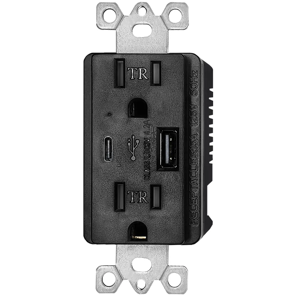 OEM 4.2 Amp USB Wall Charger with Type A and Type C Ports, 15A/125V Tamper-Resistant USB Outlet Black Manufacturers, Factory
