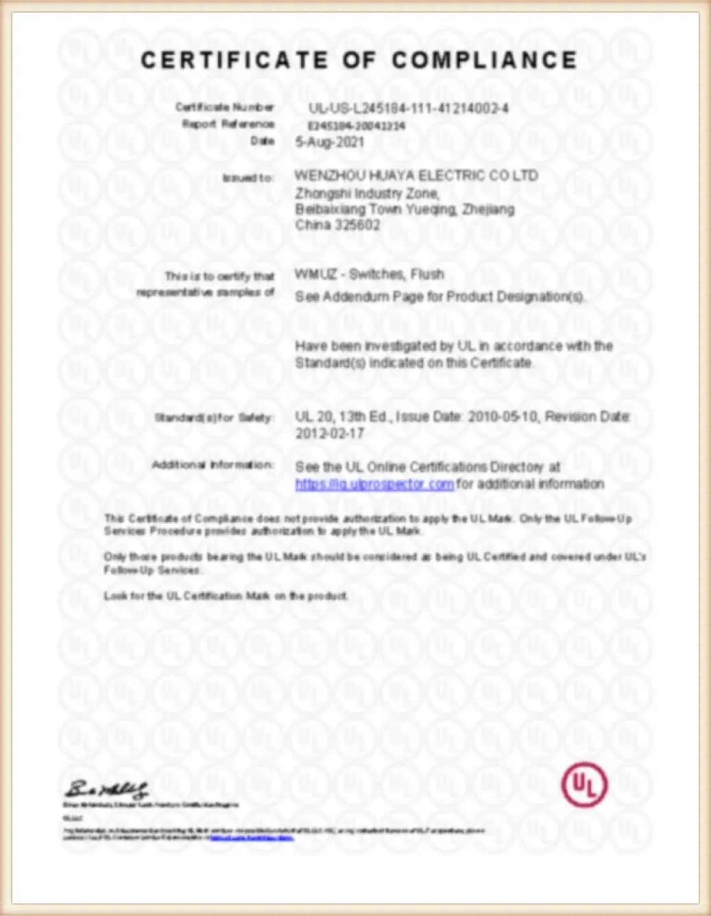 Huaya Electric ETL certification for GFCI and electrical receptacle products