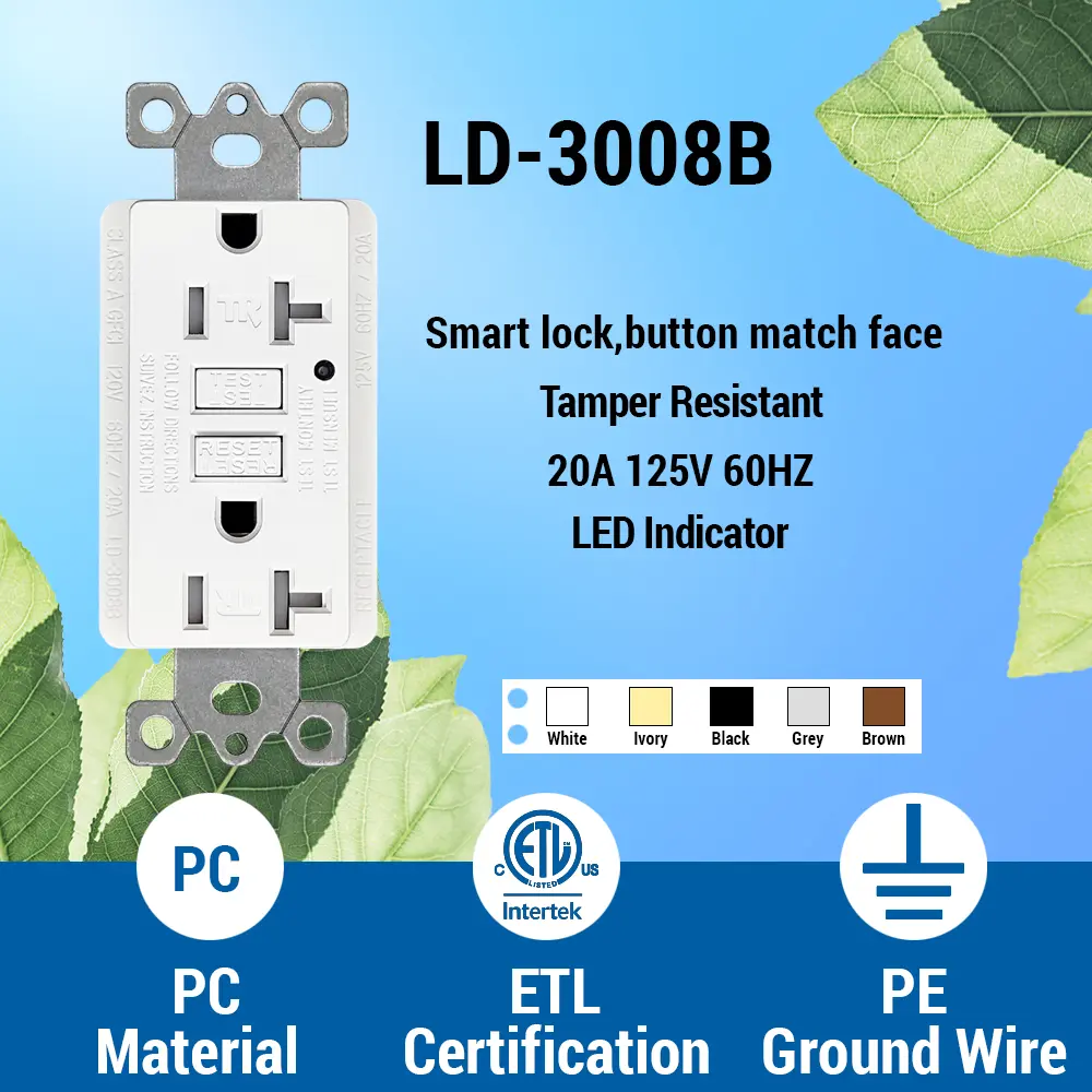 Wholesale 20 Amp Duplex GFCI Outlet with Safety Shutters and LED Self-Test Function, Residential Grade LD-3008B Manufacturer, Manufacturers