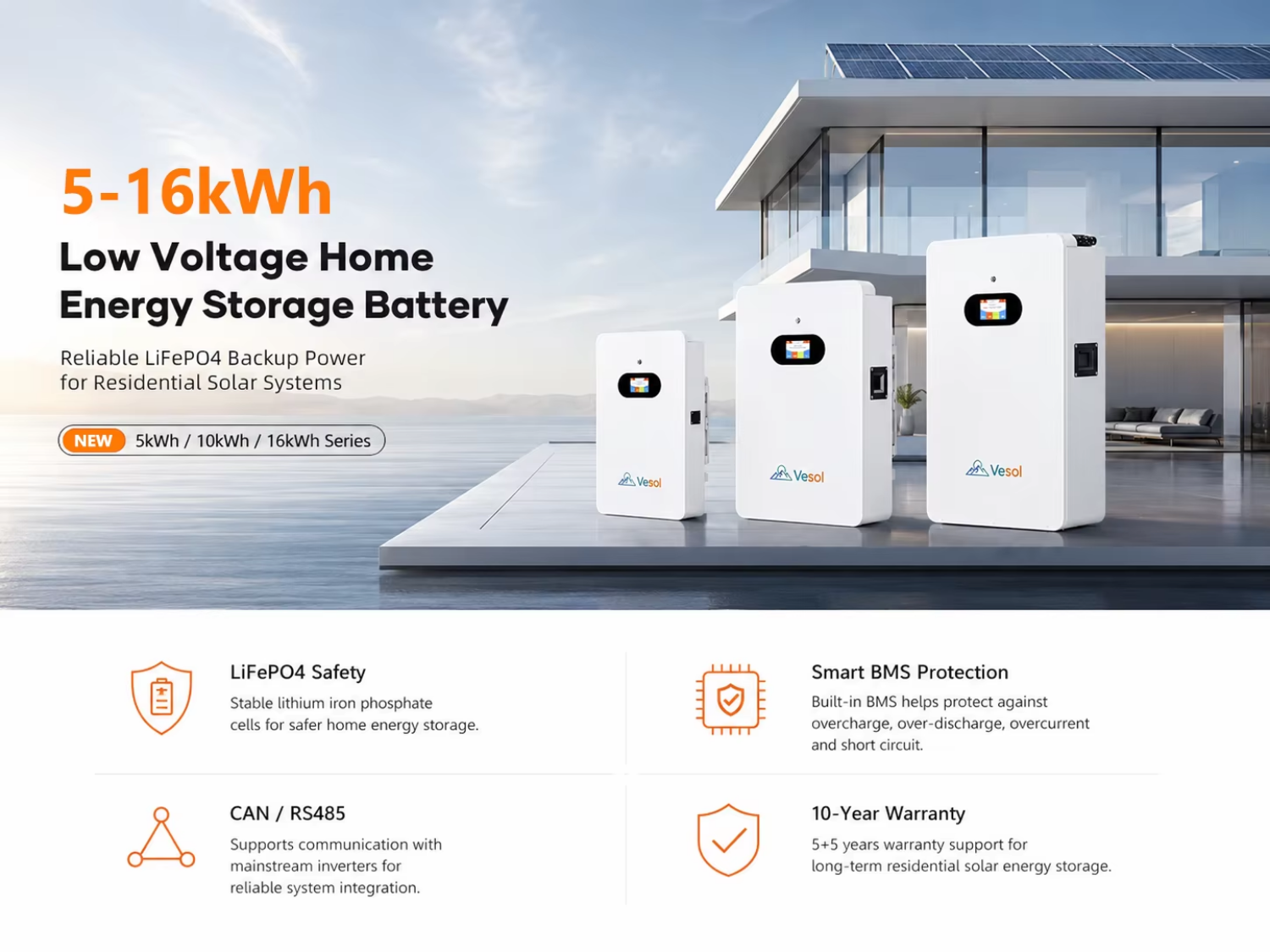 16kWh 51.2V 314Ah LiFePO4 Wall Mounted Solar Battery