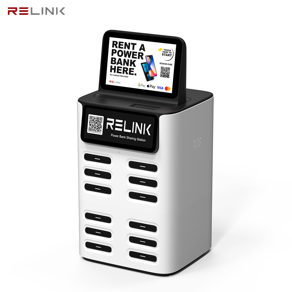 12-Slot 40W Fast Charging Power Bank Rental Kiosk with LCD Advertising Display Smart QR Code for Hotel Lobby Coffee Shop Airport