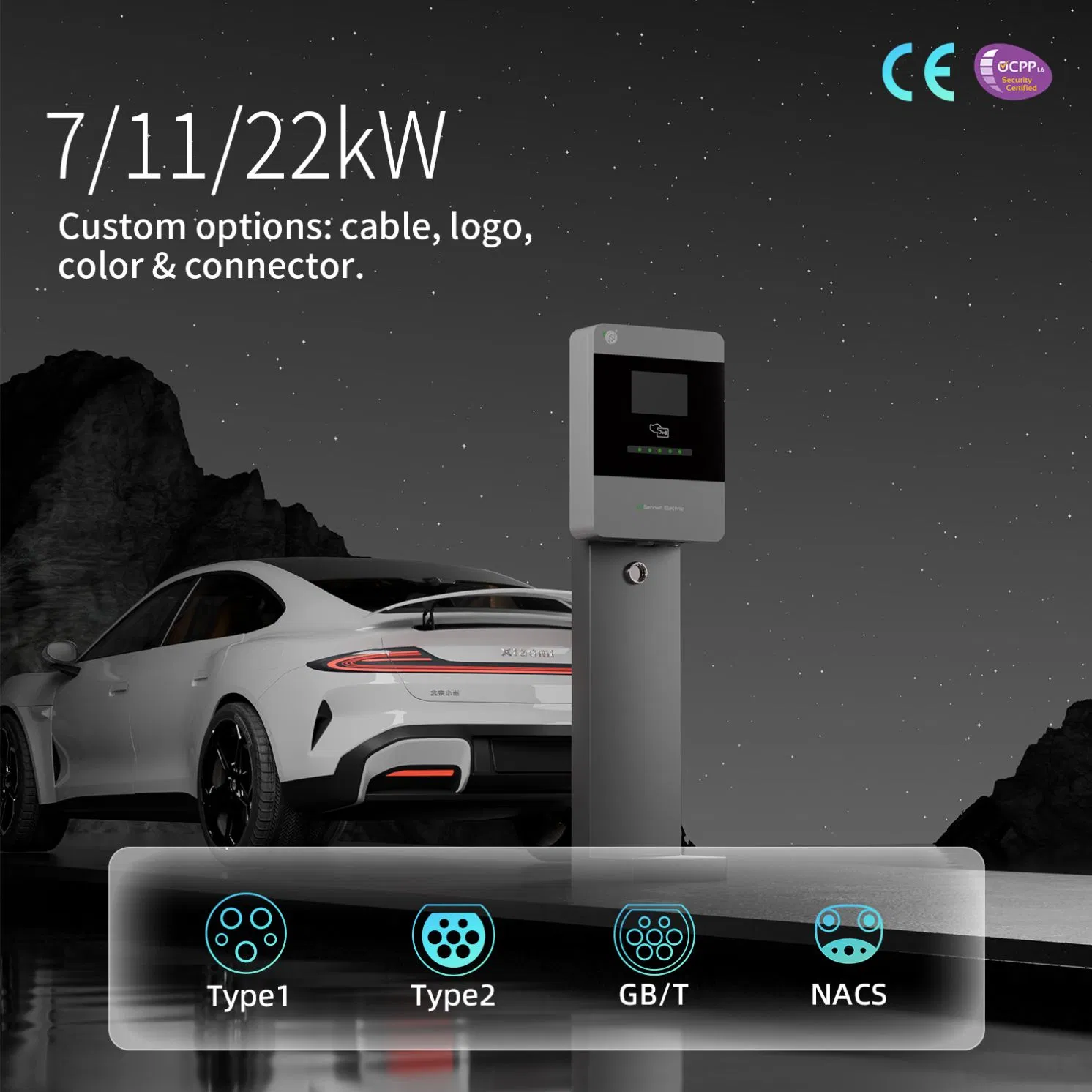 CE AC Electric Car Charging Station Solar EV Charger Type1/Type2/Gbt/Nacs with APP-Control