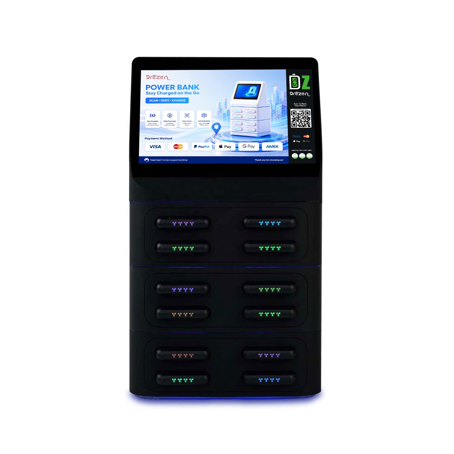 Public Area Mobile Charging Station Power Bank Rental Kiosk Advertising Display POS Terminal Fireproof Design QR Code Payment