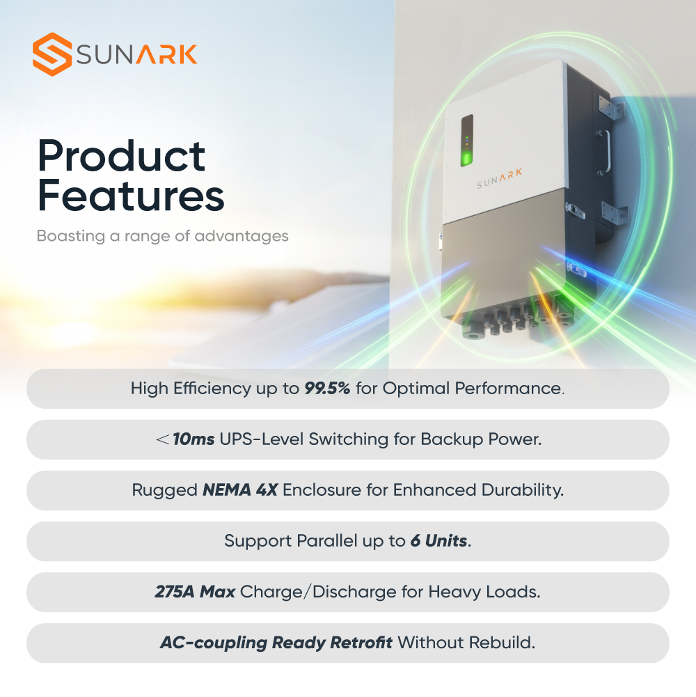 Sunark Residential 8kW 12kW 15kW Hybrid Inverter Split Phase UL Listed All in One Energy Storage Solution for Modern Smart Homes