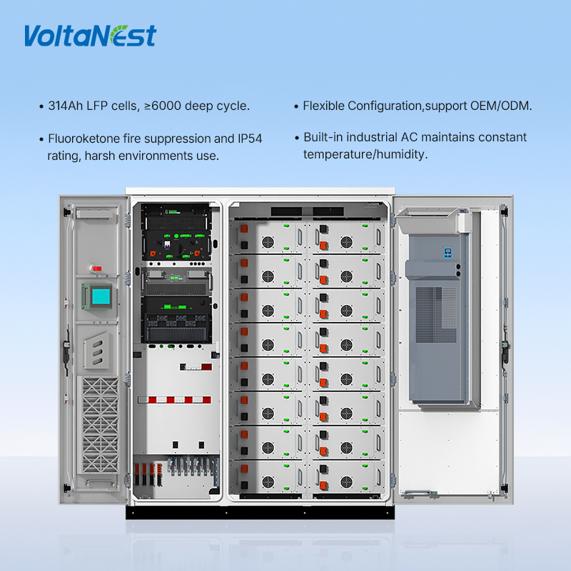 VoltaNest 100KW 200-257kWh Hybrid Solar BESS All-in-One Industrial Commercial Energy Storage System Cabinet with Smart BMS EMS