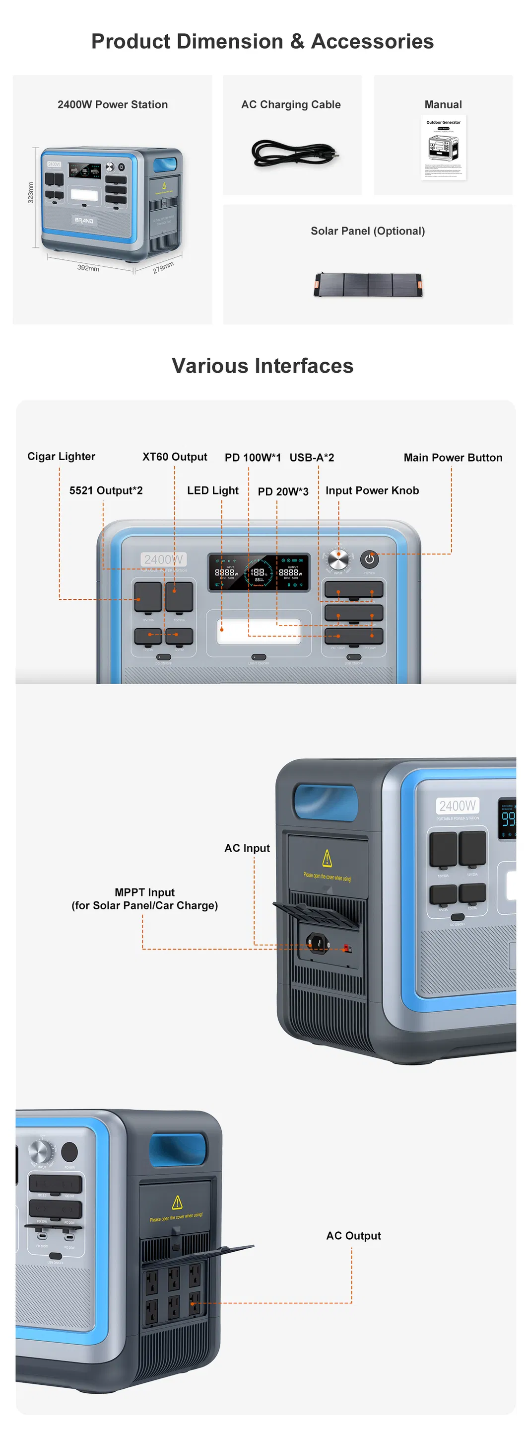 Ready to Ship LiFePO4 Battery 2000W Portable Solar Power Station Details