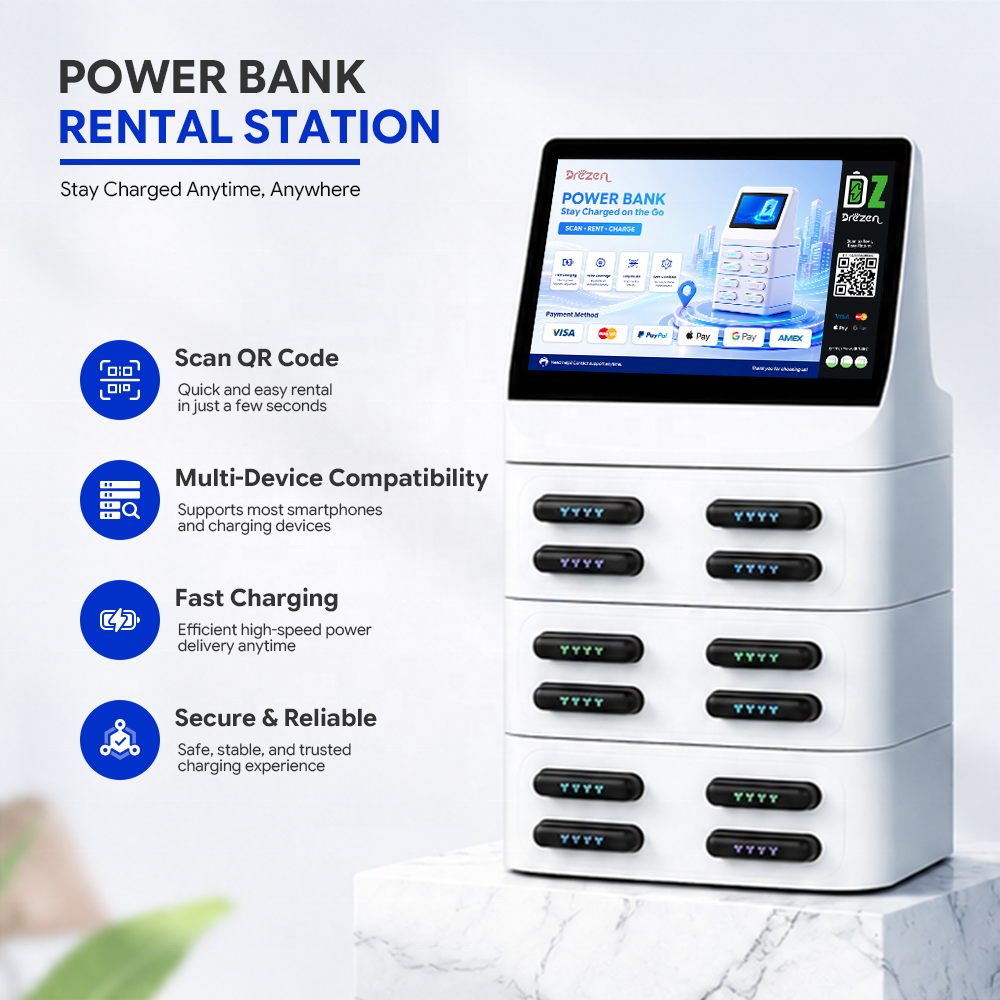 Public Area Mobile Charging Station Power Bank Rental Kiosk Advertising Display POS Terminal Fireproof Design QR Code Payment