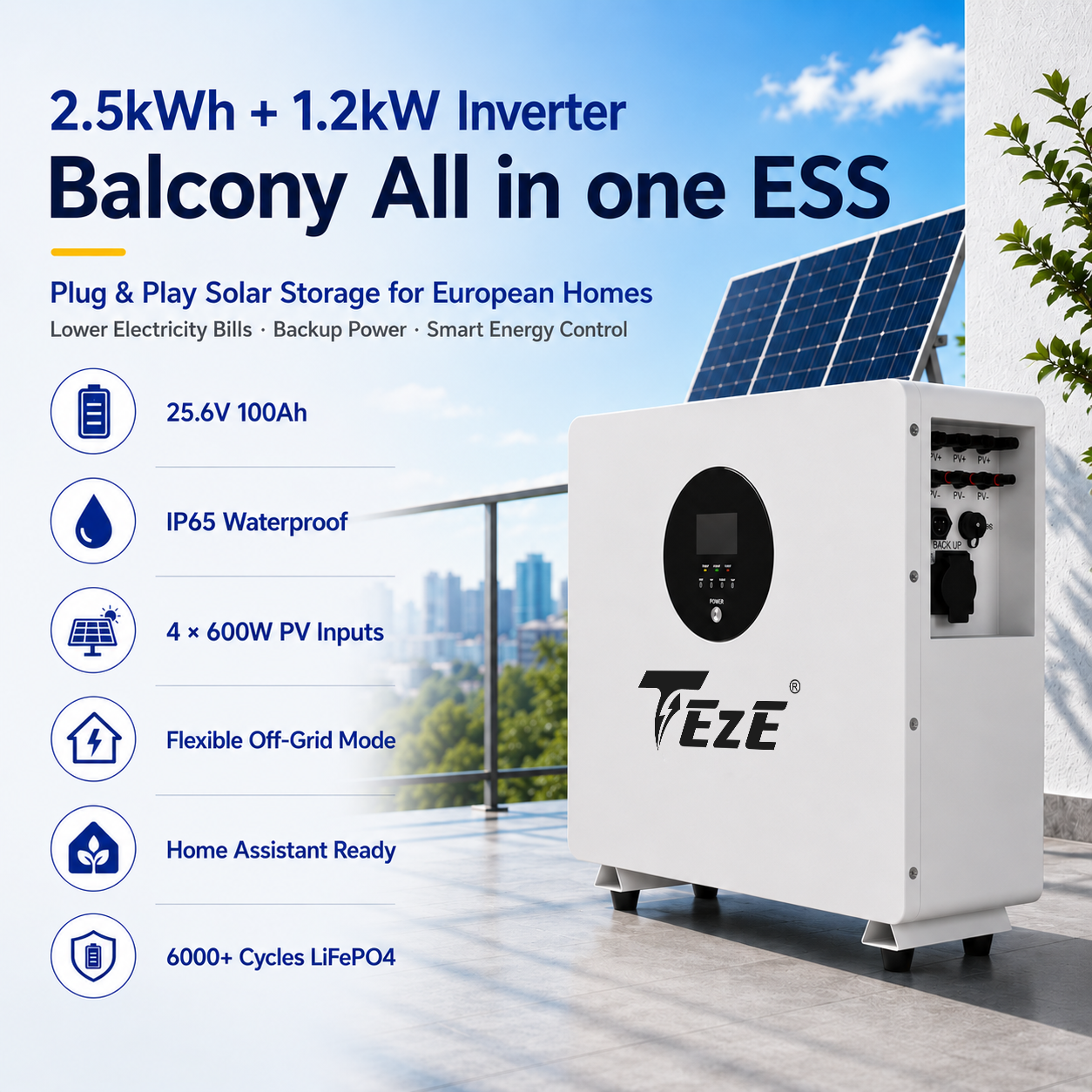 Teze 2.5kWh EU Balcony Energy Storage System with 1.2kW Inverter IP65 Waterproof LiFePO4 Battery Plug and Play All in One ESS