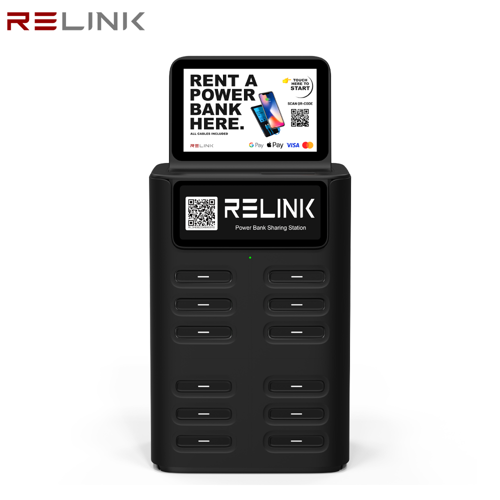 12-Slot 40W Fast Charging Power Bank Rental Kiosk with LCD Advertising Display Smart QR Code for Hotel Lobby Coffee Shop Airport