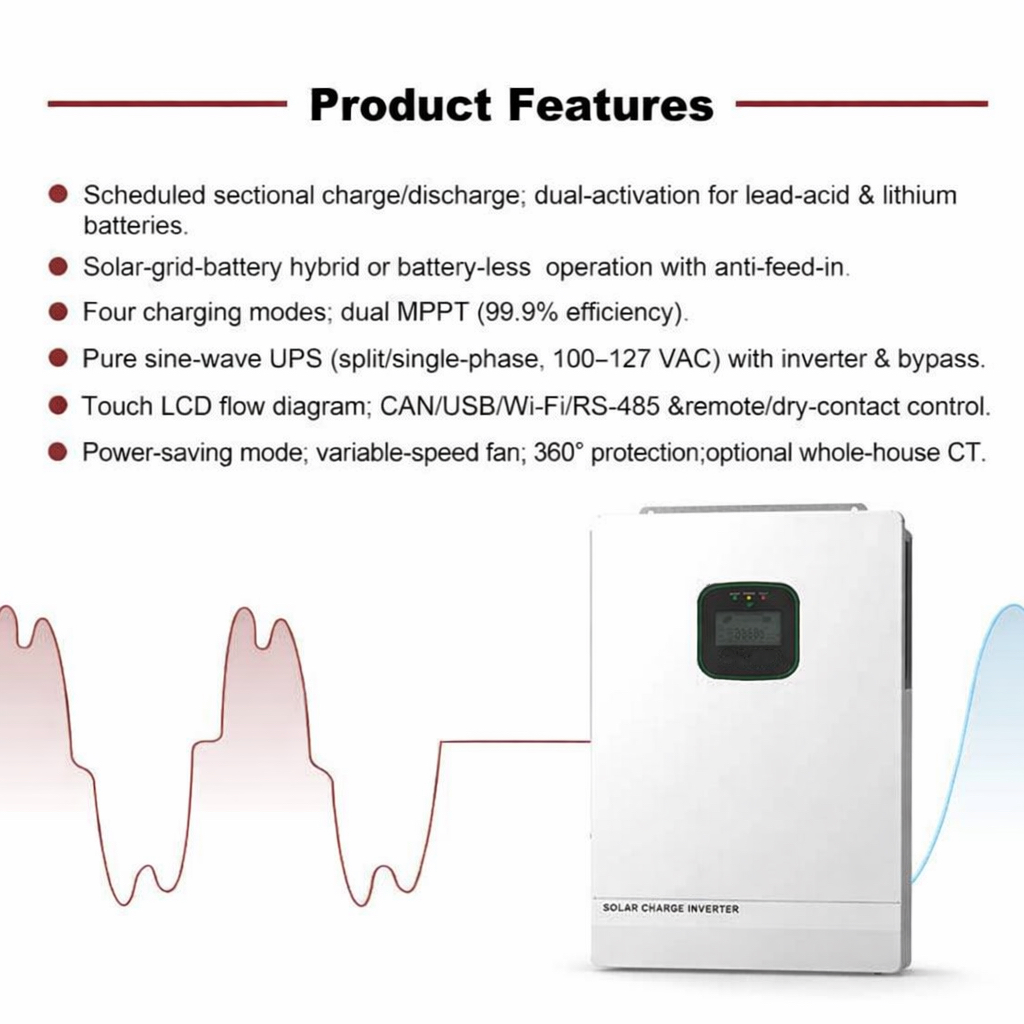 Hybrid Solar Inverter Single 200A Off-Grid EU Standard 12KW Lightweight Residential with 200% Peak Power CE RoHS EN 62109