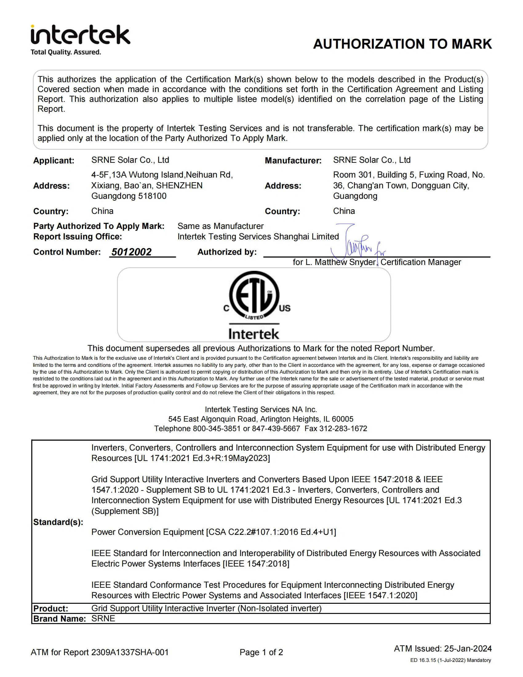 Safety Standard Certificate 2