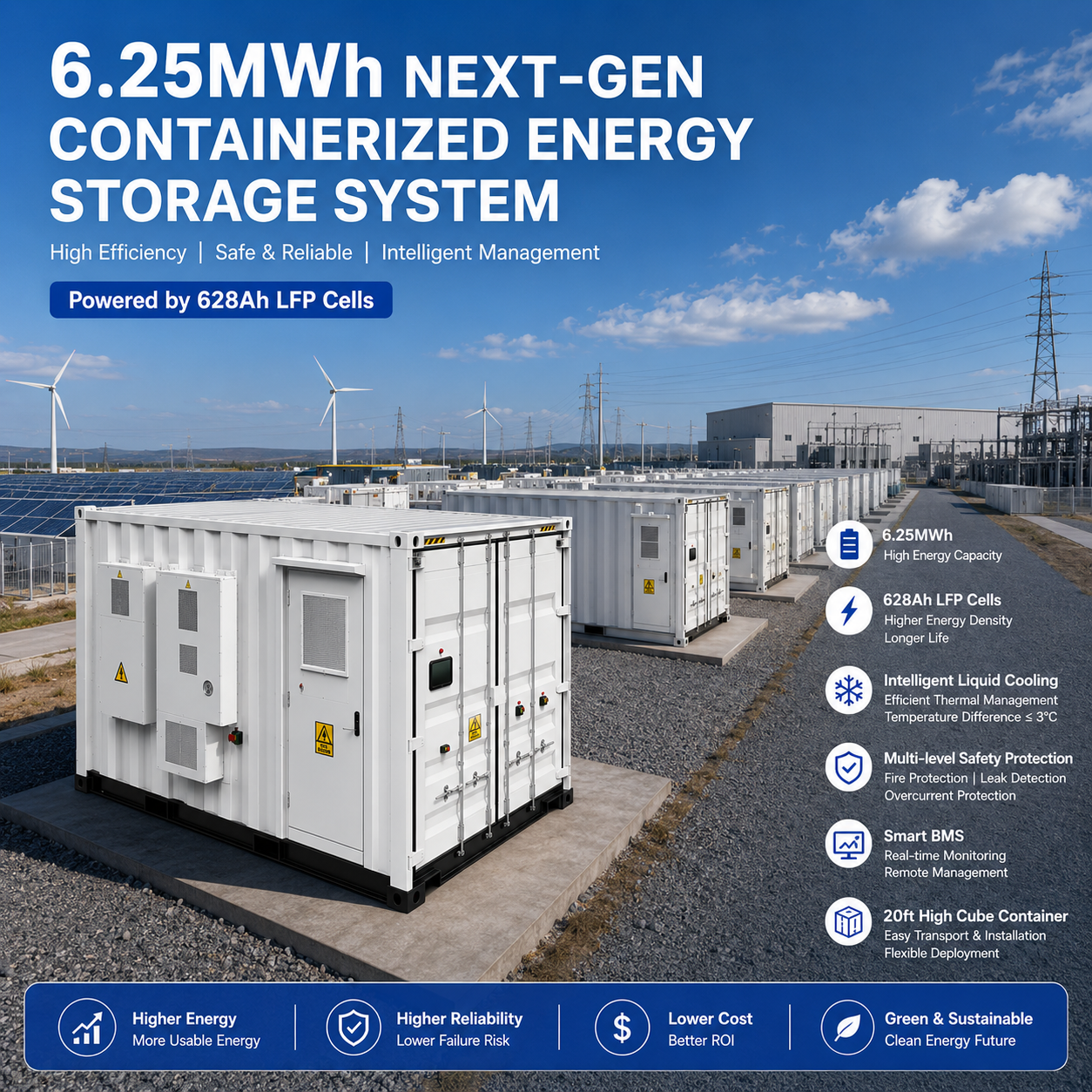 6.25MWh Next-Gen Liquid Cooled Container Energy Storage System with 628Ah LFP Cells for Grid-Scale Solar Projects