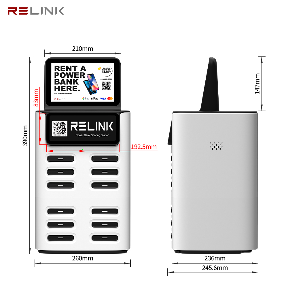 12-Slot 40W Fast Charging Power Bank Rental Kiosk with LCD Advertising Display Smart QR Code for Hotel Lobby Coffee Shop Airport