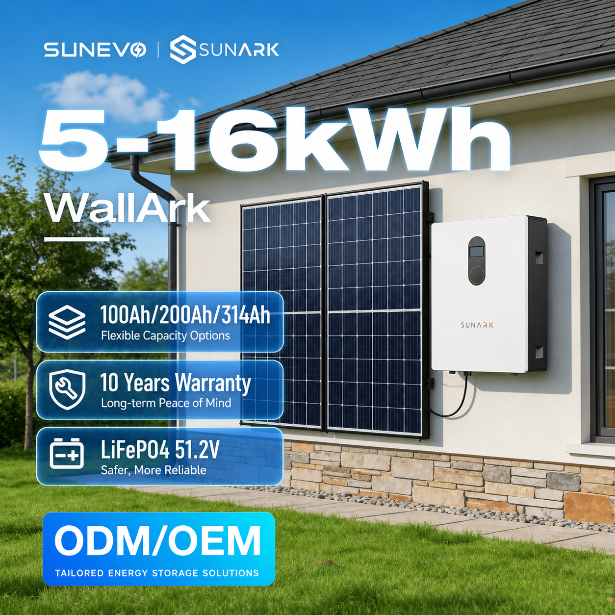 Sunark 48V 51.2V 200Ah Lithium Ion Battery 5kWh 10kWh 15kWh 16kWh Solar Storage System for Home Energy ESS CE TUV Certified
