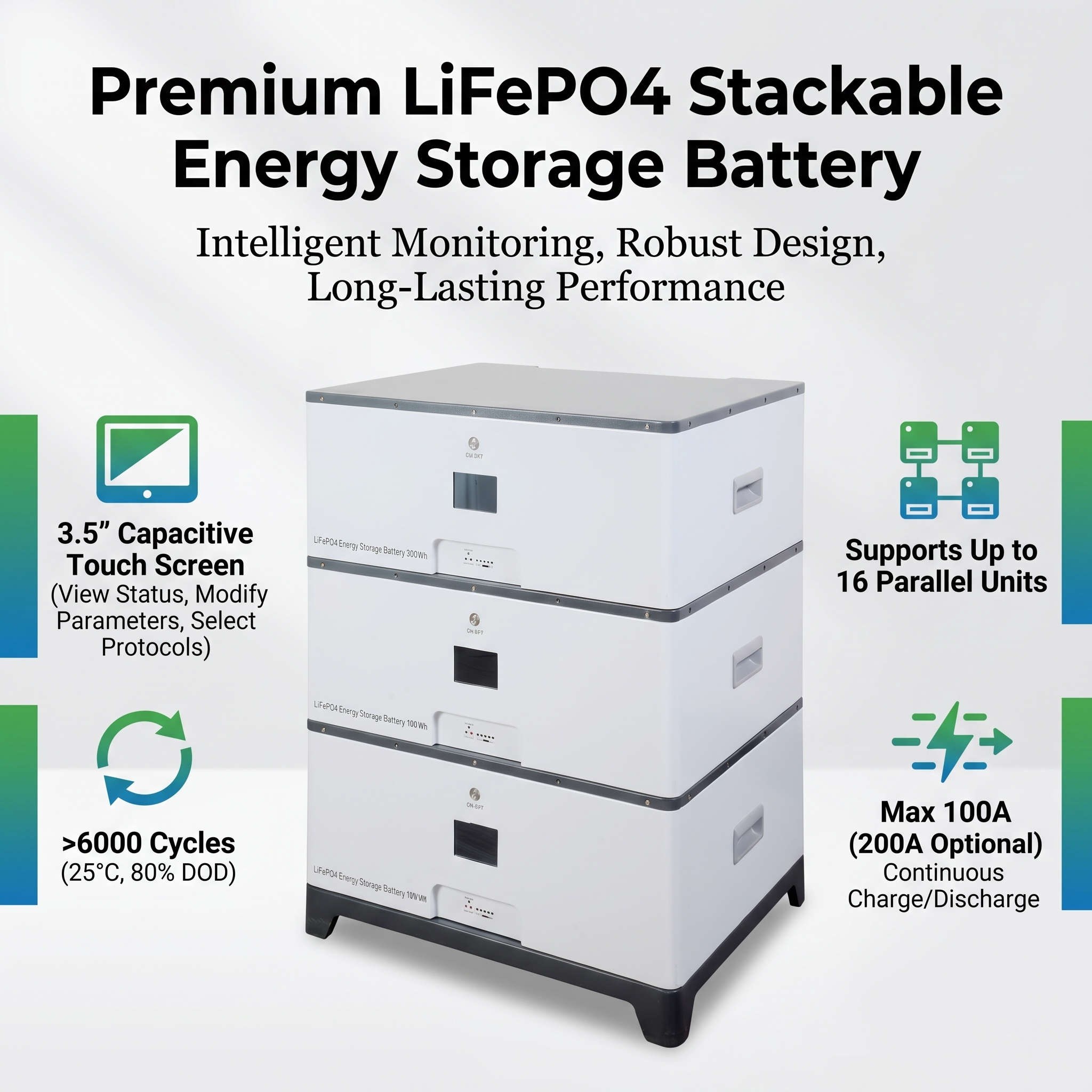 Scalable 10kWh Stackable Energy Storage Battery with RS232/RS485/CAN 16P LiFePO4 Lithium Iron Phosphate Battery for Grid