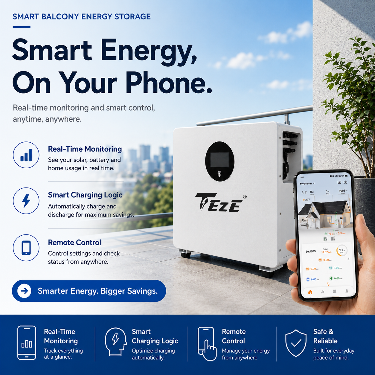 Teze 2.5kWh EU Balcony Energy Storage System with 1.2kW Inverter IP65 Waterproof LiFePO4 Battery Plug and Play All in One ESS