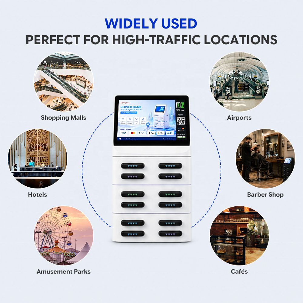 Public Area Mobile Charging Station Power Bank Rental Kiosk Advertising Display POS Terminal Fireproof Design QR Code Payment