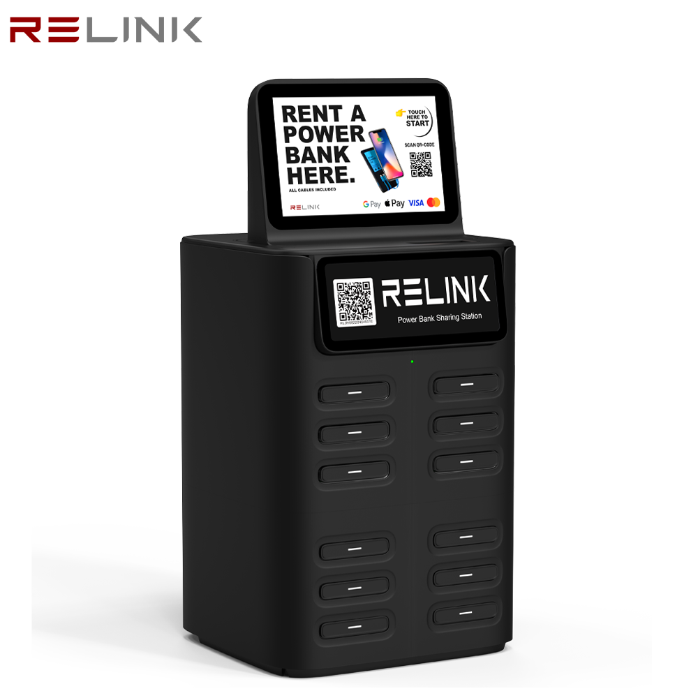 12-Slot 40W Fast Charging Power Bank Rental Kiosk with LCD Advertising Display Smart QR Code for Hotel Lobby Coffee Shop Airport
