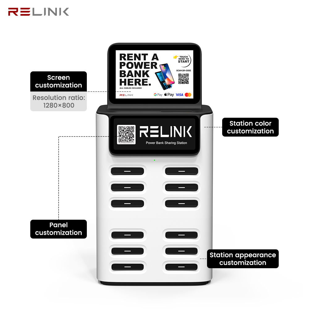 12-Slot 40W Fast Charging Power Bank Rental Kiosk with LCD Advertising Display Smart QR Code for Hotel Lobby Coffee Shop Airport