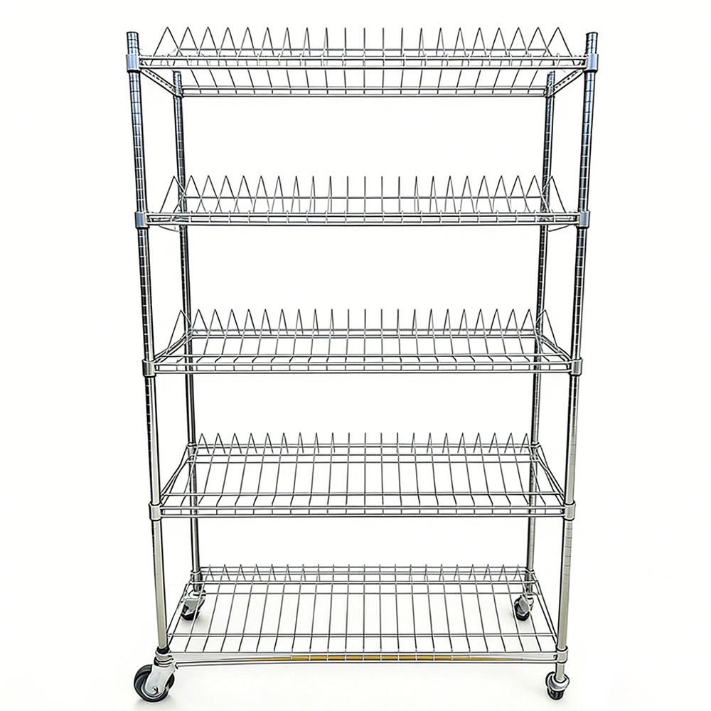 Customized Mobile Wire Shelving 5 Layer Wire Shelving Rack Warehouse Storage Equipment With Wheels