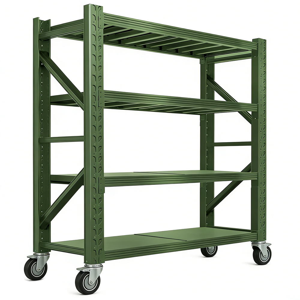 Warehouse Steel 4-Layer Adjustable Shelving with Wheel Powder Coated Storage Rack Card Slot Assembly Racks
